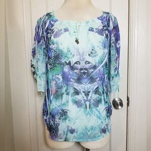 COVINGTON green Purple Floral Tie Neck Lined 3/4 Sleeve blouse M